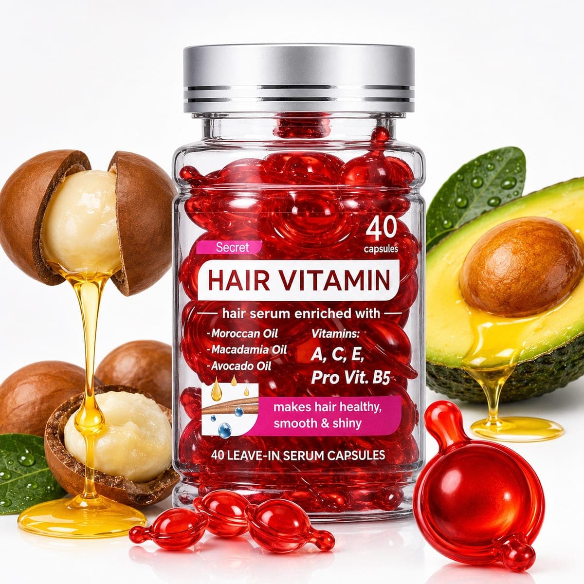 Argan, macadamia and avocado oils with vitamins A, C, E and B5